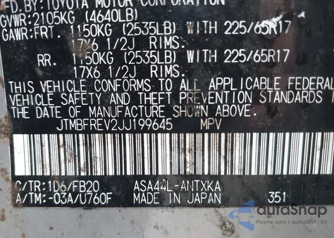 2018 Toyota Rav4 Le из США, поврежденный, VIN JTMBFREV2JJ199645